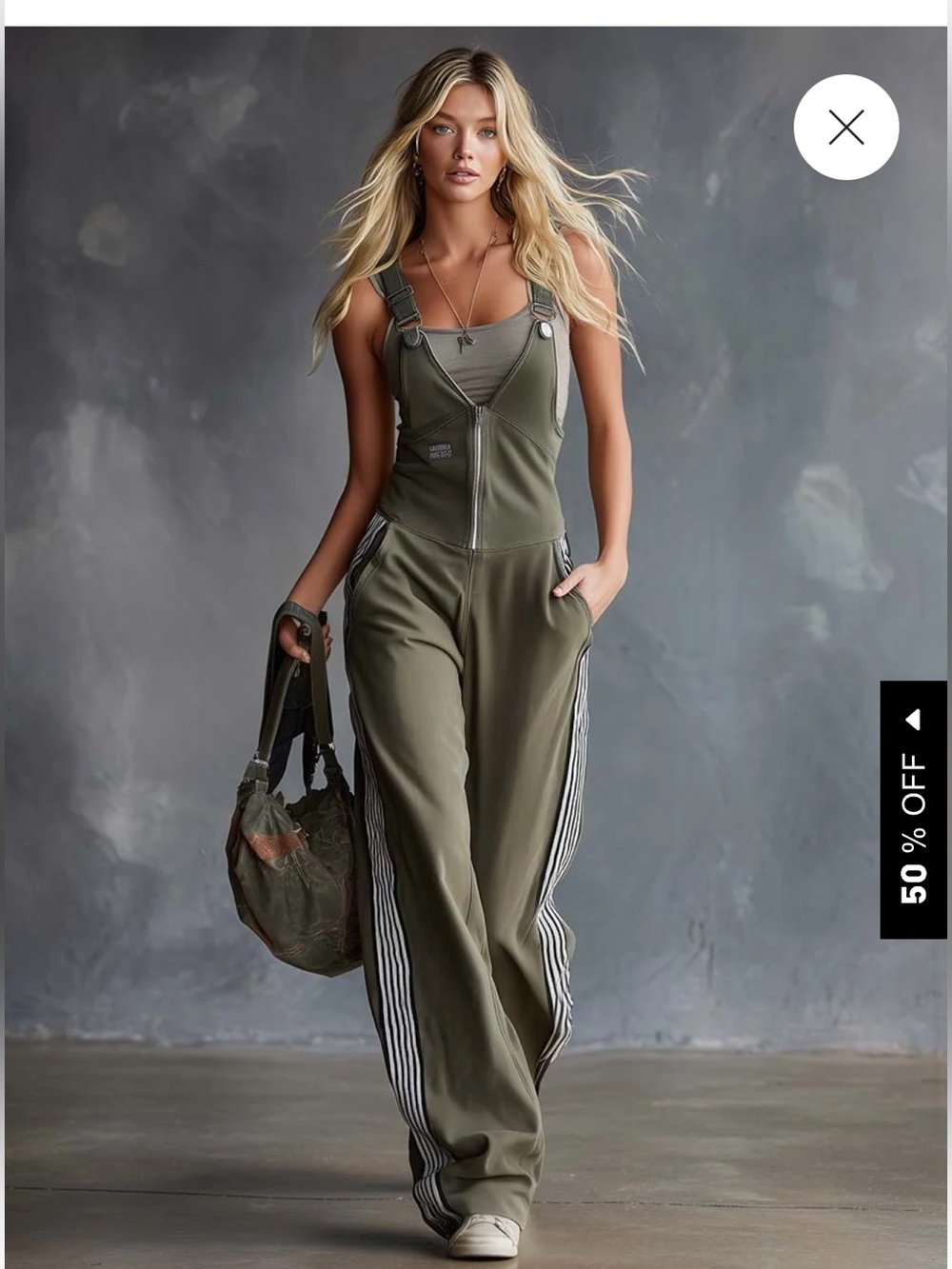 Oyrosy Olive Green Utility Jumpsuit with Striped Side Panels